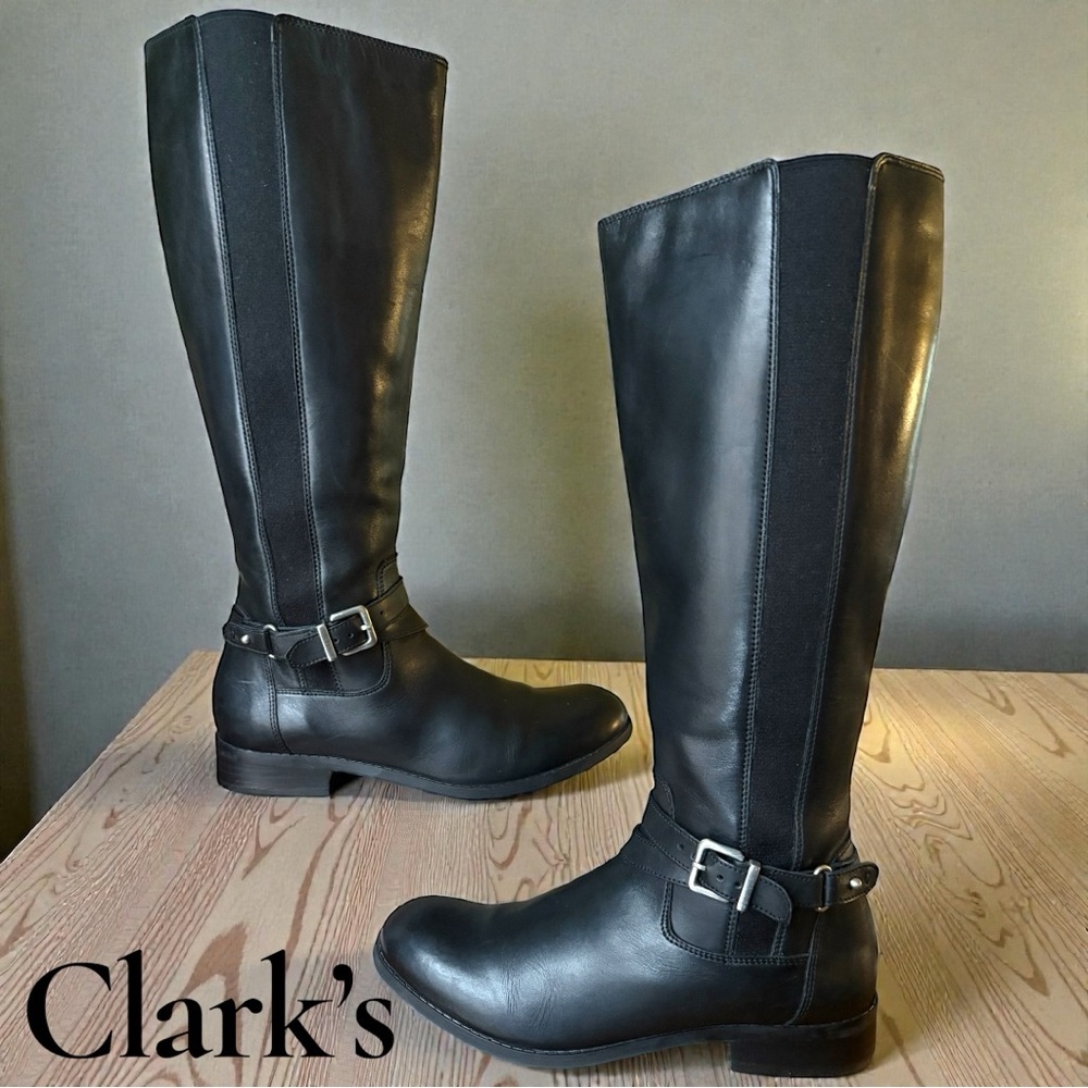 Clarks Malia Waves Knee High Boots Womens Size 9.5 Black Leather Side Zip. EUC!